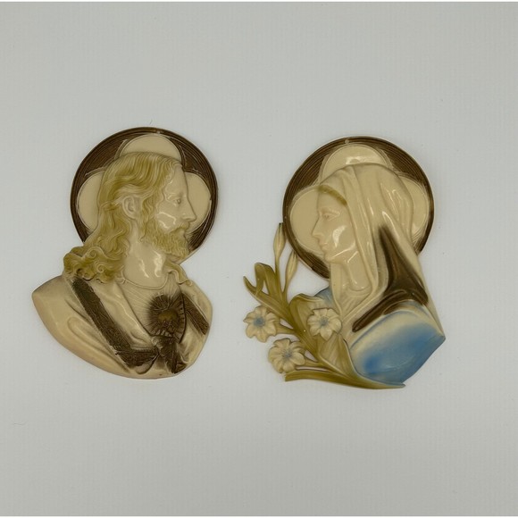 Celluloid Religious Jesus And Mary Wall Plaques Mid Century - Picture 1 of 5